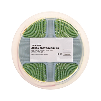 Лента светодиодная 24В, COB 8Вт/м, 320 LED/м, зеленый, 8мм, 5м, IP20 REXANT