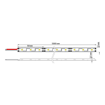LED лента 5м открытая, 8 мм, IP23, SMD 2835, 60 LED/m, 12 V, цвет свечения желтый LAMPER