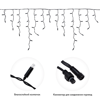Гирлянда светодиодная Бахрома (Айсикл) 4,8х0,6м 176 LED ТЕПЛЫЙ БЕЛЫЙ черный ПВХ IP65 эффект мерцания 230В нужен блок питания 303-500 NEON-NIGHT
