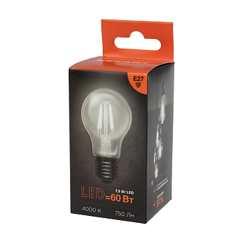 Лампа филаментная Груша A60 7,5Вт 750Лм 4000K E27 прозрачная колба REXANT