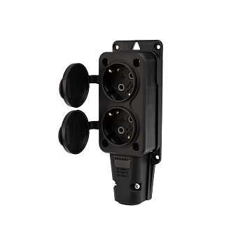 Розетка (колодка) влагозащищенная с крышкой 2 гнезда, с/з, 16А, IP54, каучук, черная REXANT