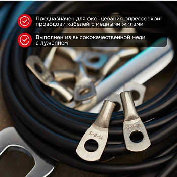 Наконечник медный луженый ТМЛ-Р 10–8 (10мм² - Ø8мм) (в упак. 5 шт.) REXANT