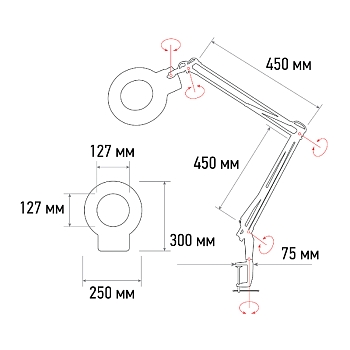 Лупа на струбцине круглая 5D с подсветкой 72 SMD, сенсорный регулятор яркости, ø152мм, белая REXANT