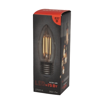 Лампа филаментная Свеча CN35 9,5Вт 950Лм 2700K E27 прозрачная колба REXANT