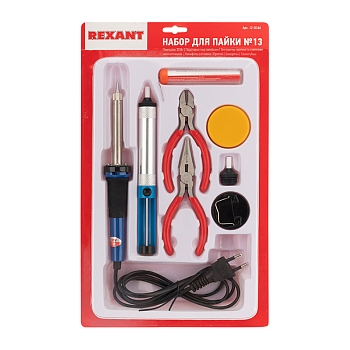 Набор для пайки №13 (паяльник 30Вт, подставка, канифоль, припой, бокорезы, тонкогубцы) REXANT