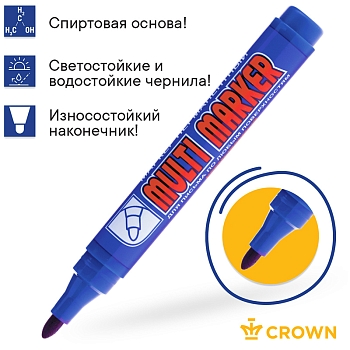 Маркер перманентный Multi Marker 3мм, синий, пулевидный Crown