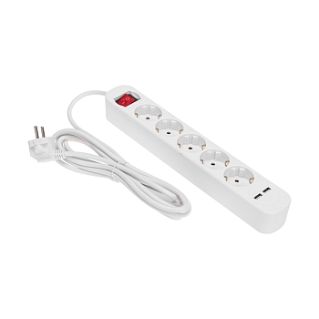 Удлинитель STANDARD 5 гнезд, 3м, 3х1,0мм², с/з, с выключателем, 2 USB, белый REXANT