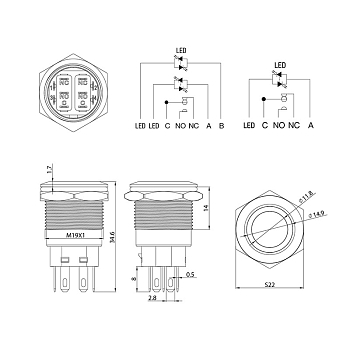 Кнопка  антивандальная Ø19 12В(LED) Б/Фикс (5с) OFF-(ON) / ON-(OFF) красная (A19-C1) REXANT