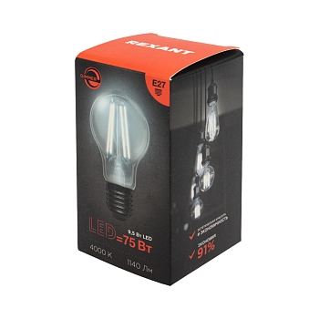 Лампа филаментная Груша A60 9,5Вт 1140Лм 4000K E27 диммируемая, прозрачная колба REXANT