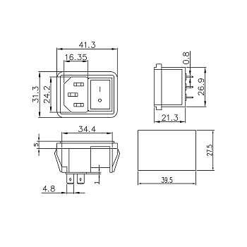 Выключатель клавишный 250V 10А (4с) ON-OFF красный с подсветкой и штекером C14 3PIN  REXANT