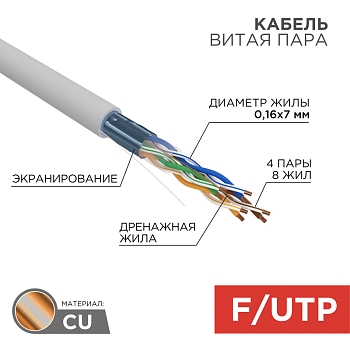 Кабель витая пара F/UTP, CAT 5e, PVC, 4PR, 24AWG, INDOOR, STRANDED, серый, 305м, REXANT