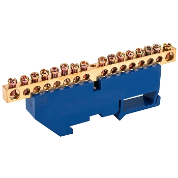 Шина «N» нулевая с синим изолятором на DIN-рейку 6x9мм стойка бол. 16 групп REXANT