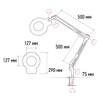 Лупа на струбцине круглая 5D с подсветкой, ø127мм, белая REXANT