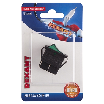 Выключатель клавишный 250В 16А (4с) ON-OFF зеленый с подсветкой (1 шт/уп) REXANT