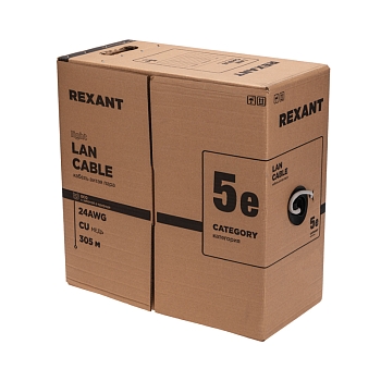 Кабель витая пара F/UTP, CAT 5e, PE, 4PR, 24AWG, OUTDOOR, SOLID, черный, 305м, серия LIGHT, РФ REXANT