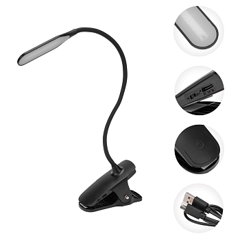 Светильник настольный Click 4Вт, LED, 4000К, диммируемый 3 ступени, заряжаемый, на прищепке, черный REXANT