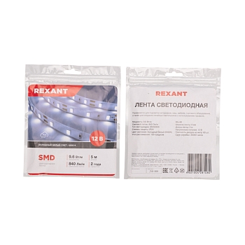 Лента светодиодная 12В, SMD2835, 9,6Вт/м, 60 LED/м, 6500K, 8мм, 5м, IP20 REXANT