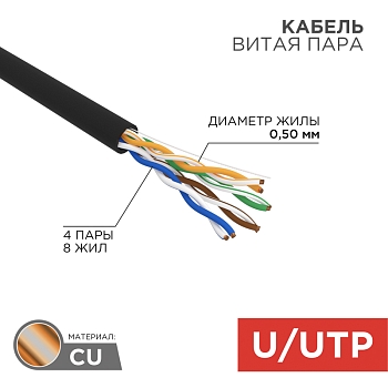 Кабель витая пара U/UTP, CAT 5e, PE, 4PR, 24AWG, OUTDOOR, SOLID, черный, 305м, REXANT