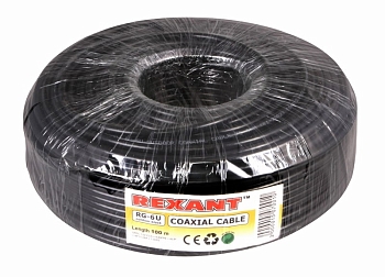 Кабель коаксиальный RG-6U, 75Ом, CCS/Al/Al, 64%, 100м, OUTDOOR, черный REXANT