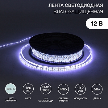 Лента светодиодная 12В, SMD2835, 19,2 Вт/м, 120 LED/м, 6000К, 10мм, 50м, IP65 LAMPER