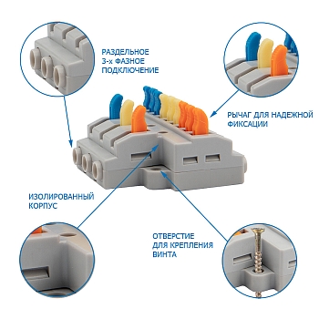 Клемма СМК 3х3 проходная разветвительная 3 полюса, с монтажной площадкой (1 ввод, 3 вывода на полюс) (50 шт./уп.) REXANT