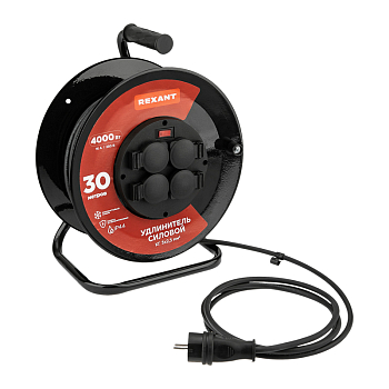 Удлинитель силовой КГ на катушке 4 гнезда, с/з, 30м, 3х2,5мм², IP44 с выключателем, c защитными крышками, металлическая катушка REXANT