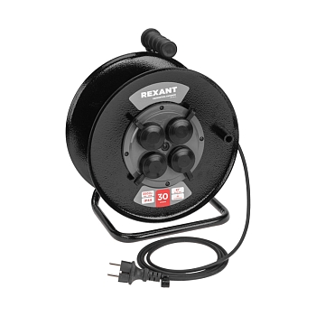 Удлинитель силовой КГ на катушке 4 гнезда, с/з, 30м, 3х1,5мм², IP44 c защитными крышками, металлическая катушка REXANT