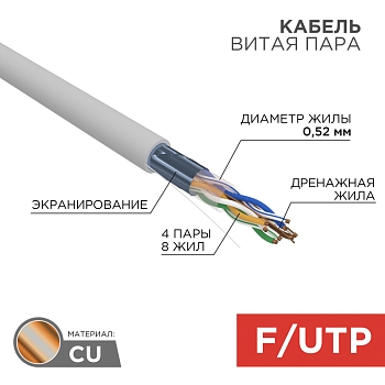 Кабель витая пара F/UTP, CAT 5e, ZH нг(А)-HF, 4х2х0,52 мм, 24AWG, INDOOR, SOLID, серый, 305м, серия PRO REXANT
