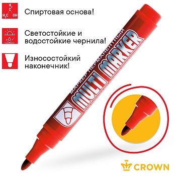 Маркер перманентный Multi Marker 3мм, красный, пулевидный Crown
