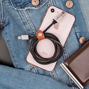 Кабель USB-A – Lightning, 2,4A, 1м, в нейлоновой оплетке (джинсовая ткань) REXANT