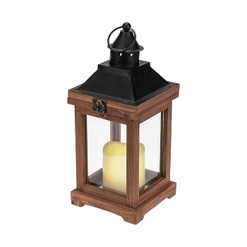 Декоративный фонарь со свечкой, корпус из дерева, размер 14х14х35cм, цвет теплый белый