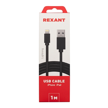 Кабель USB-A – Lightning, 2,4A 1м, в черной нейлоновой оплетке REXANT