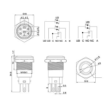 Кнопка  антивандальная Ø16 12В Фикс (5с) ON-OFF/OFF-ON синяя  REXANT