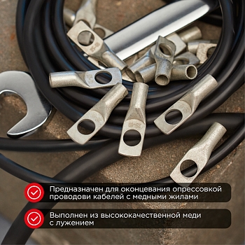 Наконечник медный луженый ТМЛ 25–10–8 (25мм² - Ø10мм) ГОСТ 7386-80 (в упак. 100шт) REXANT