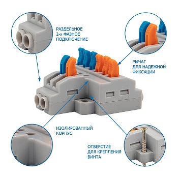 Клемма СМК 2х3 проходная разветвительная 2 полюса, с монтажной площадкой (1 ввод, 3 вывода на полюс) REXANT