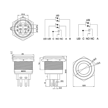 Кнопка антивандальная Ø22 12В(LED) Б/Фикс (5с) OFF-(ON) / ON-(OFF) подсв/красная REXANT
