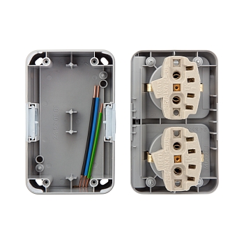 Блок горизонтальный 2 розетки (керамика) Mini OG IP54 с/з, о/у, серый KRANZ