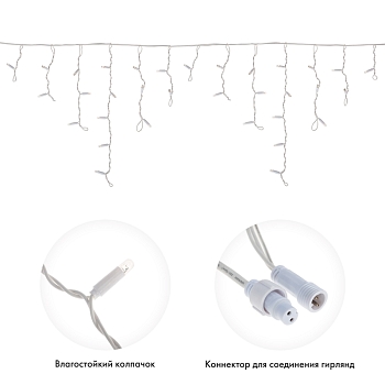 Гирлянда светодиодная Бахрома (Айсикл) 1,8х0,5м 48 LED БЕЛЫЙ белый ПВХ IP65 постоянное свечение 230В блок в комплекте NEON-NIGHT