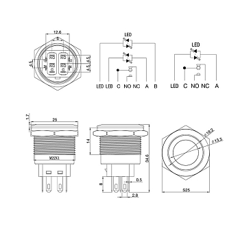 Кнопка антивандальная Ø22 12В(LED) Б/Фикс (5с) OFF-(ON) / ON-(OFF) подсв/синяя REXANT