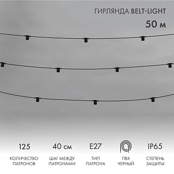 Гирлянда Belt-Light 2 жилы, 50м, шаг 40см, 125 патронов E27, IP65, черный круглый провод NEON-NIGHT