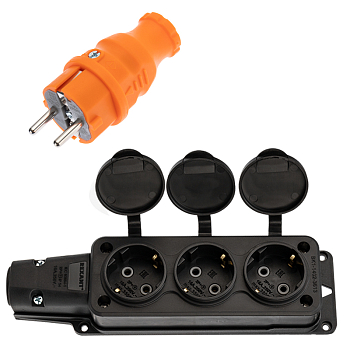 Набор розетка 3 гнезда переносная черная + вилка оранжевая 16А, IP54 каучук REXANT
