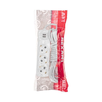 Удлинитель PREMIUM 3 гнезда, 5м, 3х1,5мм², с/з, 2 USB, белый REXANT