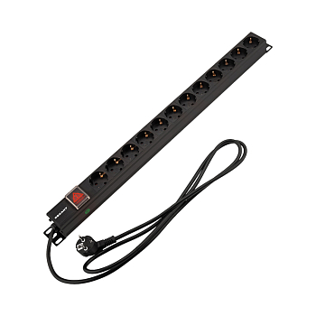 Блок распределения питания для 19" шкафов, вертикальный, 12 розеток СЕЕ 7/4, 16A, выкл, алюм корп, шнур 2м, вилка СЕЕ 7/7 REXANT