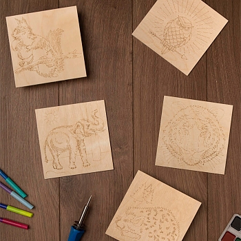 Доски для выжигания «Животные», 150х150мм, набор 5 шт. (белка, слон, сова, ежик, тигр) пакет REXANT