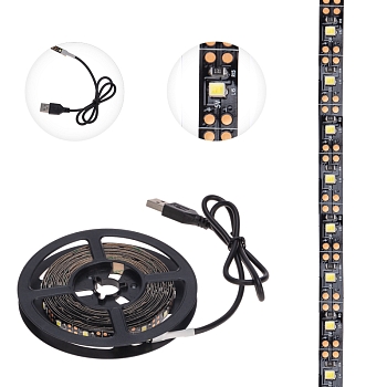 Лента светодиодная 5В, SMD2835, 4,8Вт/м, 60 LED/м, 6500K, 8мм, 3м, с USB коннектором, черная, IP20 LAMPER