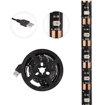 Лента светодиодная 5В, SMD2835, 4,8Вт/м, 60 LED/м, желтый, 8мм, 1м, с USB коннектором, черная, IP65 LAMPER