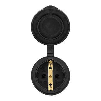 Розетка влагозащищенная переносная с крышкой 1 гнездо, 2P+PE, 230В, 16А, IP44, каучук, черная PROconnect