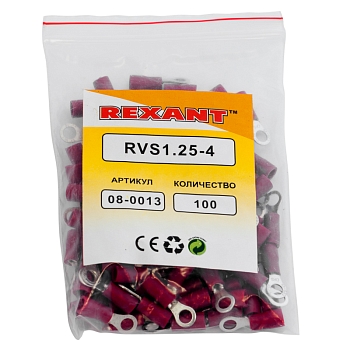 Наконечник кольцевой изолированный ø 4.3 мм 0.5-1.5 мм² (НКи 1.5-4/НКи 1,25-4) красный REXANT