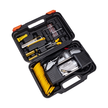 Компрессор автомобильный усиленный двухпоршневой в кейсе с набором инструментов (60л/мин, 10 АТМ) REXANT