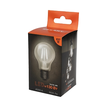 Лампа филаментная Груша A60 13,5Вт 1600Лм 4000K E27 прозрачная колба REXANT